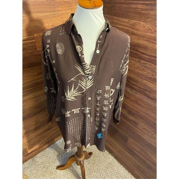 Soft Surroundings Vintage 90’s Brown Asian Print Long Sleeve Button Front Tunic - Picture 12 of 15